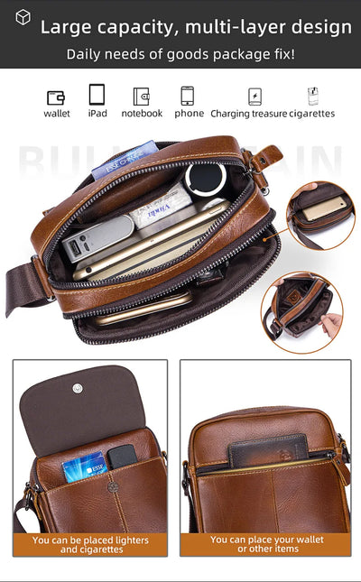 BULLCAPTAIN-Men's Leather Shoulder Bag Brand Casual Men's Bags Small Mini Multifunctional Crossbody Bag's D07