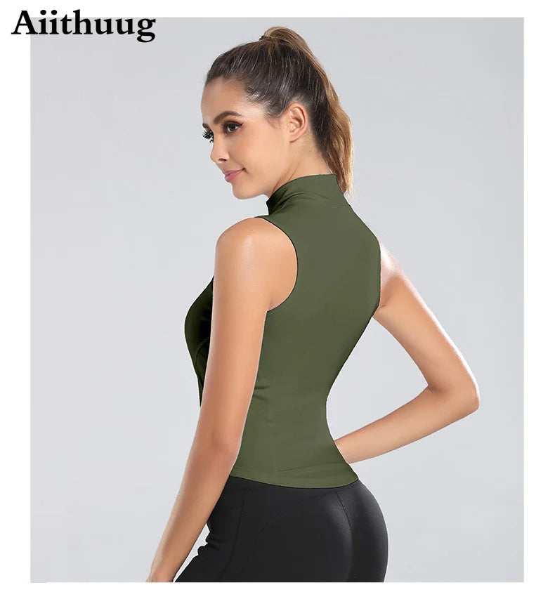 Aiithuug Athletic Zip Up Sweat Vest Jacket Sleeveless Running Yoga Tops High Neck Shirts Sports Top Fitness Women Workout Tops