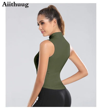 Aiithuug Athletic Zip Up Sweat Vest Jacket Sleeveless Running Yoga Tops High Neck Shirts Sports Top Fitness Women Workout Tops