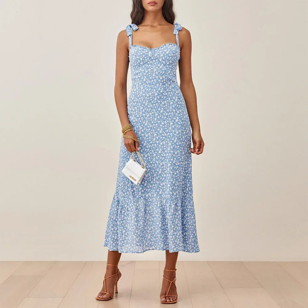 Summer Dresses For Women 2021 Elegant Ruffle Hem Floral Chiffon Midi Dress Frill Edge Sweetheart Neck Strap Tie Sexy Slip Dress