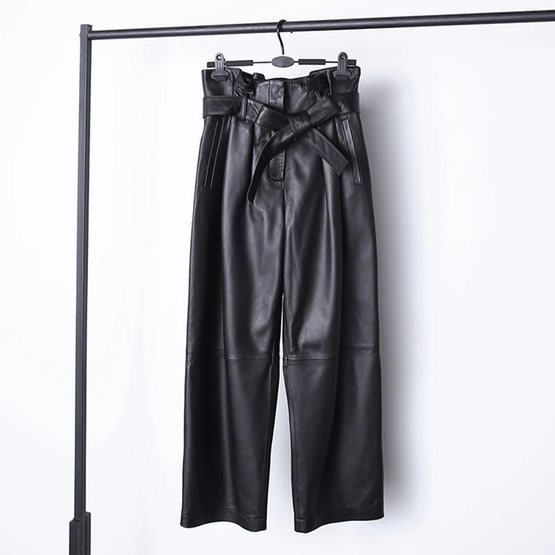 Stylish Genuine Leather Pants Women Sheepskin Bow Tie Lace High Waist Trousers Mujer Khaki/Green Straight Wide Leg Pantalon