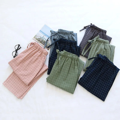 couple washed cotton trousers thin men and women home pants Elastic Waist Sleep Bottoms Plaid lounge pants home sleepwear 2021