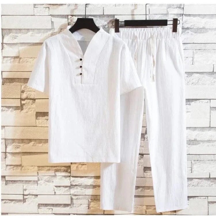(Shirt + trousers) 2025 summer men shirt Man Cotton and linen shirts Short sleeve men's casual shirts men A set of clothes M-5XL - Elanique