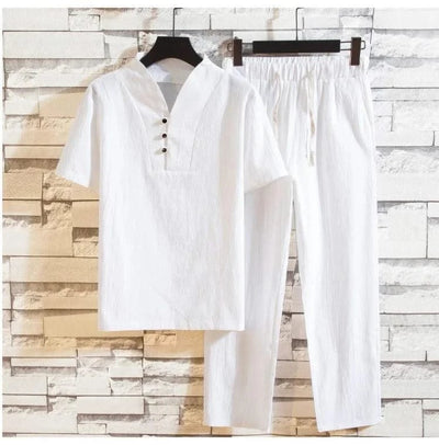 (Shirt + trousers) 2025 summer men shirt Man Cotton and linen shirts Short sleeve men's casual shirts men A set of clothes M-5XL - Elanique