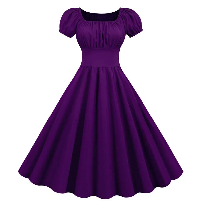 Women Vintage Dress Robe Elegant Party  Casual Office Midi Dress Femme Summer Puff Sleeve Square Collar Solid Red