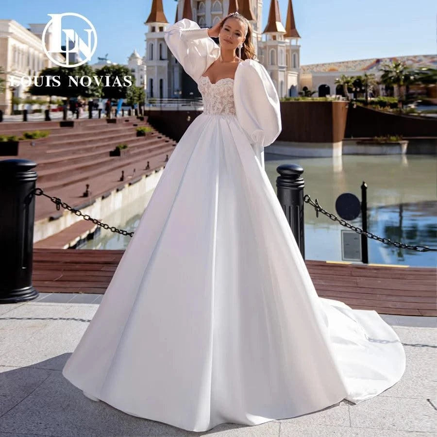 A-line Sexy Exquisite Satin Bridal Gown Beaded Sweetheart Puff Sleeve Wedding Dresses For Women