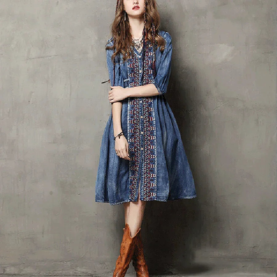 TEELYNN midi denim dresses for women dresses bule cotton ethnic Embroidery boho dress Drawstring waist Gypsy dresses vestidos