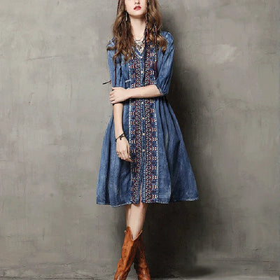 TEELYNN midi denim dresses for women dresses bule cotton ethnic Embroidery boho dress Drawstring waist Gypsy dresses vestidos