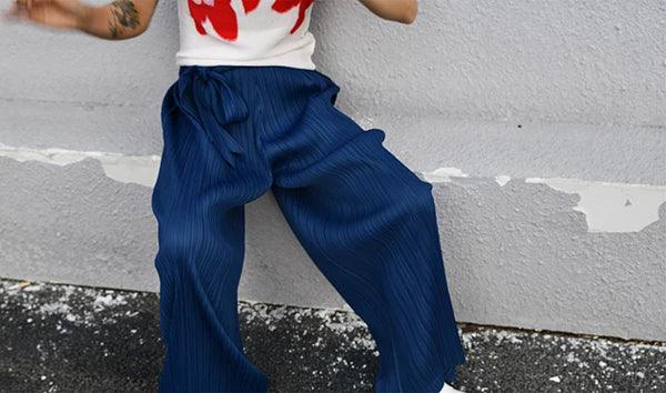 Miyake Pleated Designer Pleated Blue Belt Pants Casual Long Women Trousers
