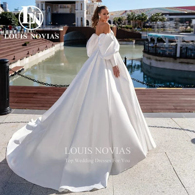 A-line Sexy Exquisite Satin Bridal Gown Beaded Sweetheart Puff Sleeve Wedding Dresses For Women