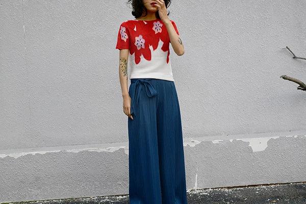 Miyake Pleated Designer Pleated Blue Belt Pants Casual Long Women Trousers