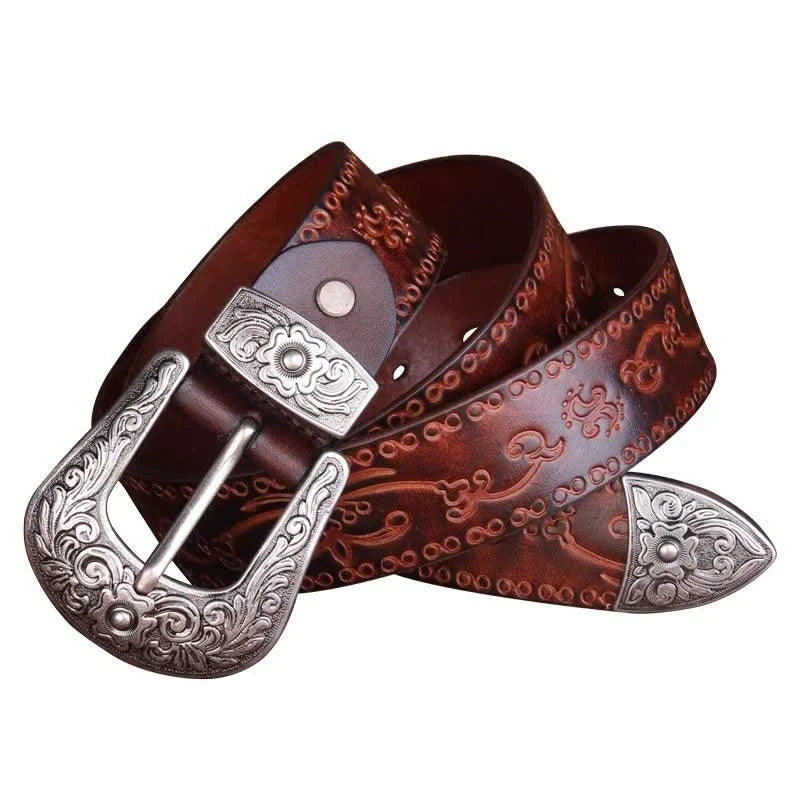 Designer High Quality Genuine Leather Strap Retro Flower Printing Belts Men |  Pin Buckle Belt