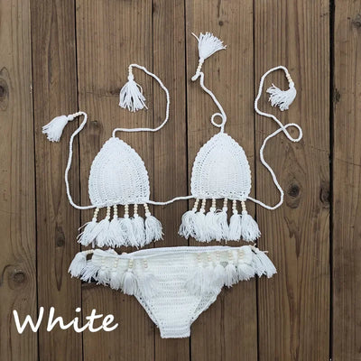 Handmade Crochet Bikini Set Laca Lita and Tassels Bead Women Swimwear Swimsuit