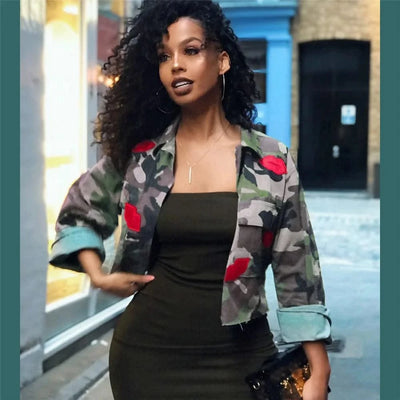 Camouflage Bomber Jacket Women Fashion Single-breasted Long Sleeve