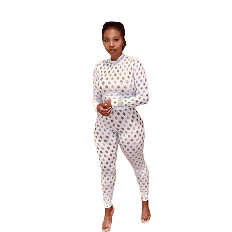 Hollow Out Jumpsuits Women 2021 Turtleneck Sexy Net Plaid Hole Skinny Elastic Club Streetwear Solid Rompers Female Outfits