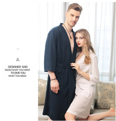 Waffle Couple Bathrobe Short Male Female Kimono Korean Style Nightwear Daily Casual Home Lounge Robe домашняя одежда женская