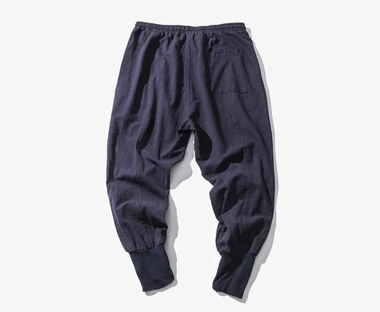 Cotton Linen Harem Pants Men Solid Elastic Waist Streetwear Joggers New Baggy Drop-crotch Pants Casual Trousers Men