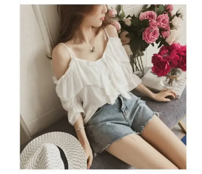 Ruffle Youth Elegant Blouses Tops Women Fashion Low Cut Blouse Summer Chiffon Shirt Pretty Bebeautiful Clothes