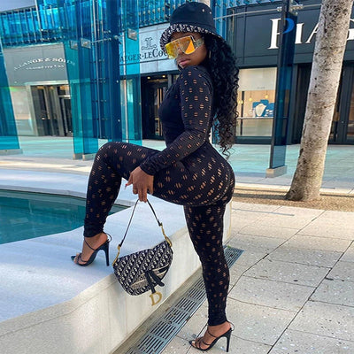 Hollow Out Jumpsuits Women 2021 Turtleneck Sexy Net Plaid Hole Skinny Elastic Club Streetwear Solid Rompers Female Outfits