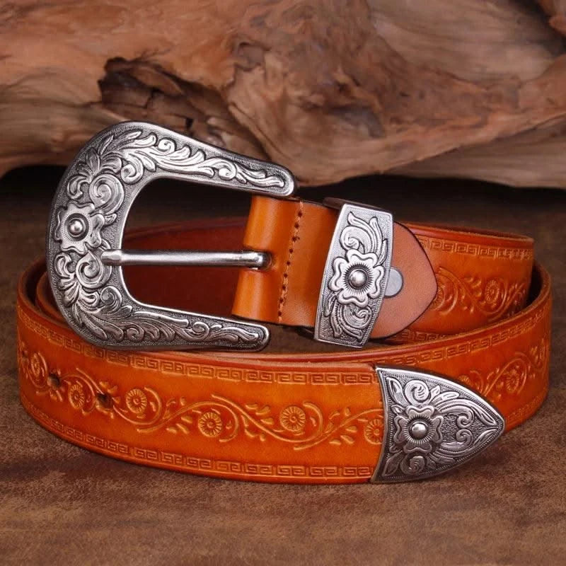 Designer High Quality Genuine Leather Strap Retro Flower Printing Belts Men |  Pin Buckle Belt