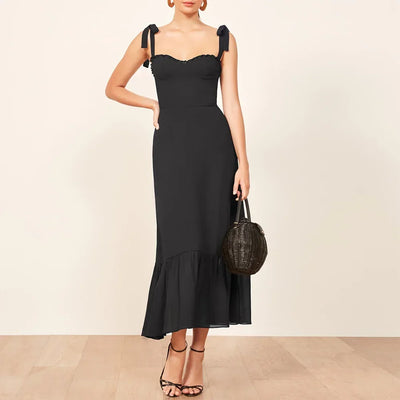 Summer Dresses For Women 2021 Elegant Ruffle Hem Floral Chiffon Midi Dress Frill Edge Sweetheart Neck Strap Tie Sexy Slip Dress