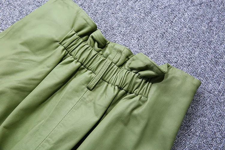 Stylish Genuine Leather Pants Women Sheepskin Bow Tie Lace High Waist Trousers Mujer Khaki/Green Straight Wide Leg Pantalon