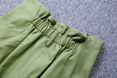Stylish Genuine Leather Pants Women Sheepskin Bow Tie Lace High Waist Trousers Mujer Khaki/Green Straight Wide Leg Pantalon