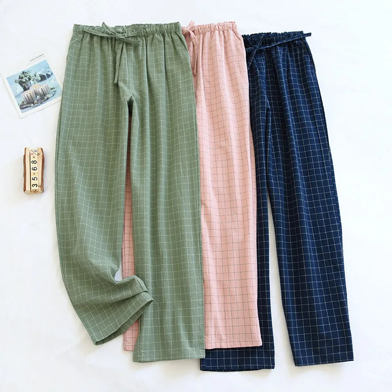 couple washed cotton trousers thin men and women home pants Elastic Waist Sleep Bottoms Plaid lounge pants home sleepwear 2021