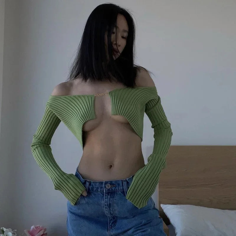 Cryptographic Autumn Knitted Sexy Cropped Sweaters Women Fashion Long Sleeve Cardigan Women Tops Pullovers Oversized Clothes