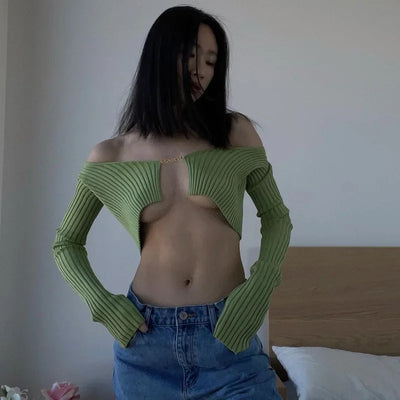 Cryptographic Autumn Knitted Sexy Cropped Sweaters Women Fashion Long Sleeve Cardigan Women Tops Pullovers Oversized Clothes