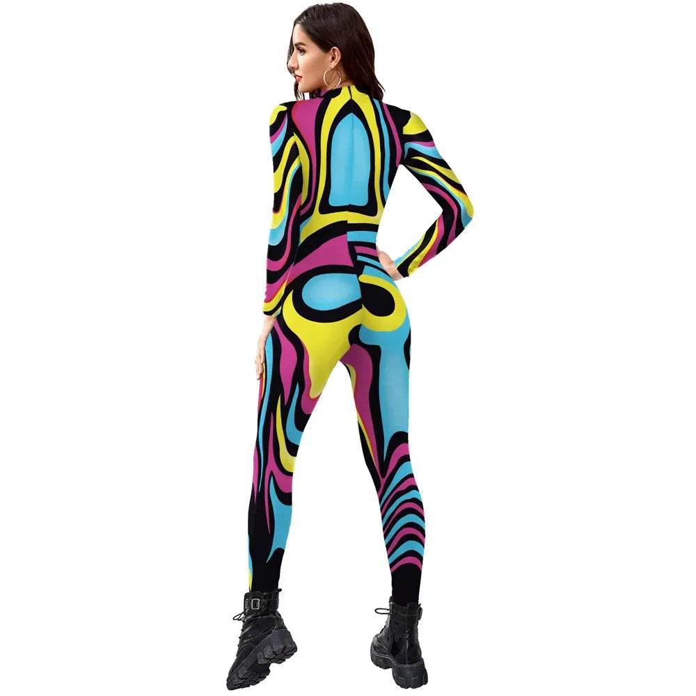 FCCEXIO Multicolour Printing Holiday Party Women Jumpsuits New Fashion Sexy Jumpsuit Wear Cosplay Costume Catsuit Bodysuit