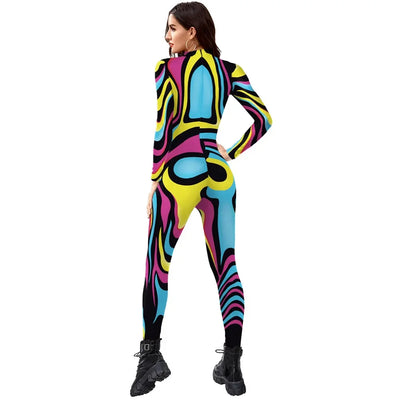 FCCEXIO Multicolour Printing Holiday Party Women Jumpsuits New Fashion Sexy Jumpsuit Wear Cosplay Costume Catsuit Bodysuit
