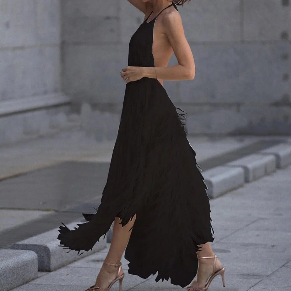 Summer Women Fringed Dress Sexy Elegant Backless Sleeveless Female New Fashion Solid Hanging Neck Casual Club Night Party Dress