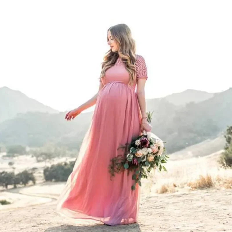 Short Sleeve Lace Chiffon Maternity Dresses for Photoshoot Pregnant Women Maxi Gown Dress Pregnancy Baby Shower Photography Prop