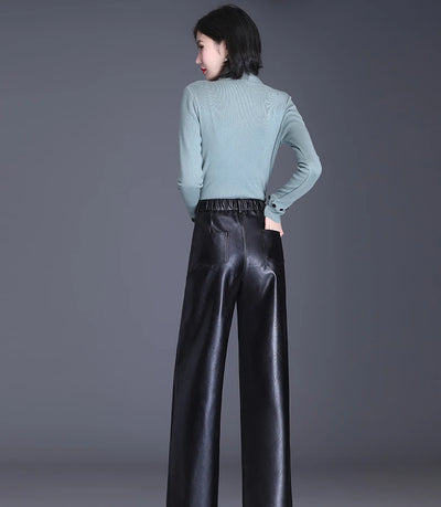 Women  Wide Leg PU Leather Pants  Autumn Winter Fashion Warm Long Pants Back Elastic Waist  Straight Elegant  Leather Trousers
