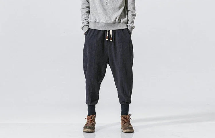 Cotton Linen Harem Pants Men Solid Elastic Waist Streetwear Joggers New Baggy Drop-crotch Pants Casual Trousers Men