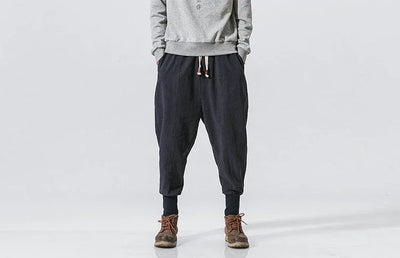 Cotton Linen Harem Pants Men Solid Elastic Waist Streetwear Joggers New Baggy Drop-crotch Pants Casual Trousers Men
