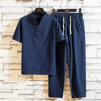 (Shirt + trousers) 2025 summer men shirt Man Cotton and linen shirts Short sleeve men's casual shirts men A set of clothes M-5XL - Elanique