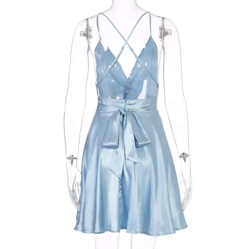 Women's Dress 2024 Fashion Summer elegant bow white female mini dress party cute sexy french romantic silk dress women