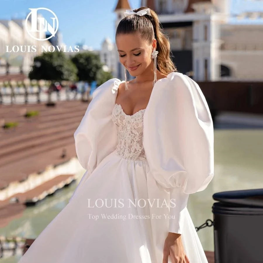 A-line Sexy Exquisite Satin Bridal Gown Beaded Sweetheart Puff Sleeve Wedding Dresses For Women