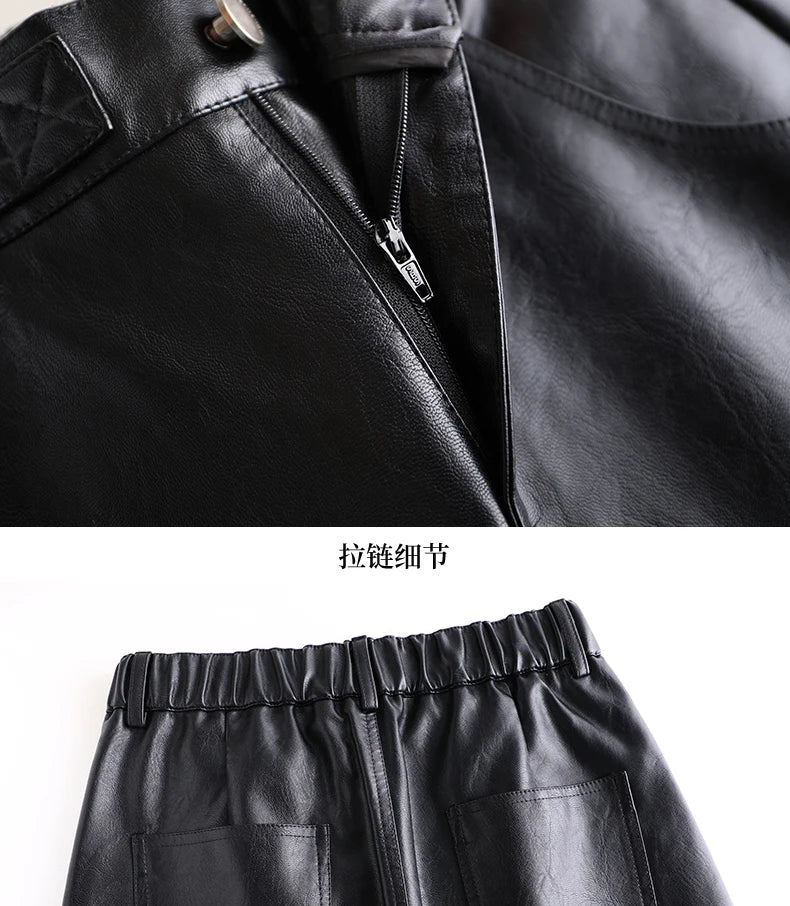 Women  Wide Leg PU Leather Pants  Autumn Winter Fashion Warm Long Pants Back Elastic Waist  Straight Elegant  Leather Trousers