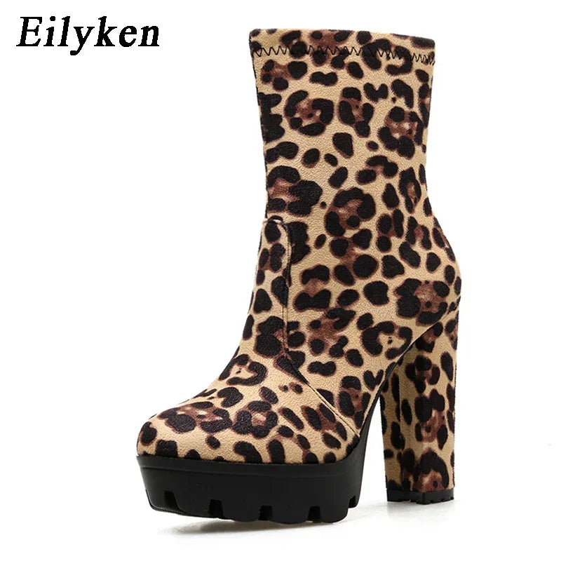 EilyKen Handmade Brown Square Chunky High Heel Booties Leopard Print Platform Side Zippers Shoes Designer Woman Ankle Boots
