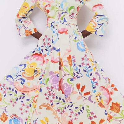 2021 Women Summer Dresses Floral Print Turn-down Collar A-Line 3/4 Sleeve Large Hem Single-breasted Mid-Calf Shirt Midi Dress St