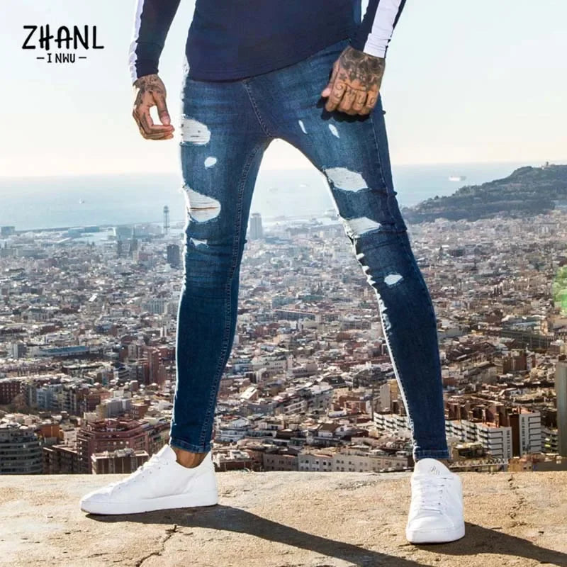 Fashion White Elastic Skinny Pants Man Ripped Jeans Male Streetwear Vintage Wash Solid Denim Trouser Mens Casual Slim fit Pants