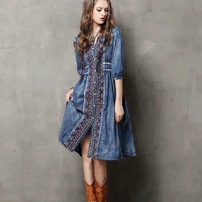 TEELYNN midi denim dresses for women dresses bule cotton ethnic Embroidery boho dress Drawstring waist Gypsy dresses vestidos