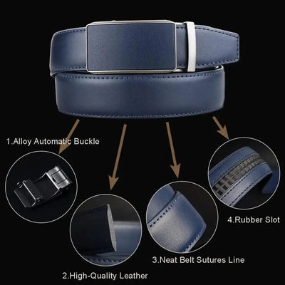 Blue Genuine Leather Automatic Buckle Strap Metal Belts for Men| Male