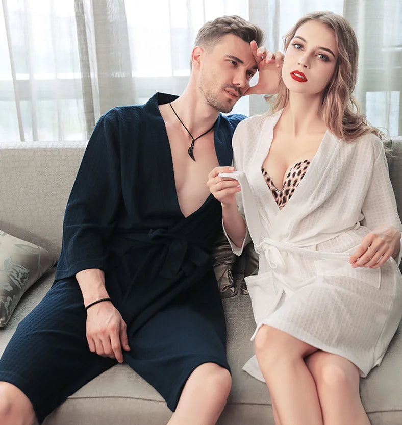 Waffle Couple Bathrobe Short Male Female Kimono Korean Style Nightwear Daily Casual Home Lounge Robe домашняя одежда женская