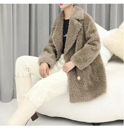 MENINA BONITA 2025 New  Luxury Winter Jacket Women's Coat Double-breasted Woven Real Natural Wool Fur Lapel Warm Loose Outerwear
