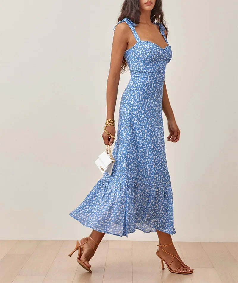 Summer Dresses For Women 2021 Elegant Ruffle Hem Floral Chiffon Midi Dress Frill Edge Sweetheart Neck Strap Tie Sexy Slip Dress