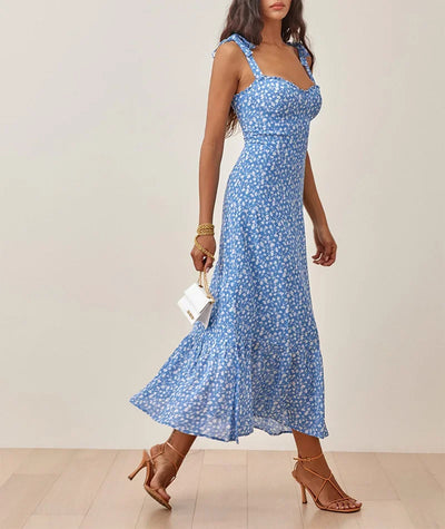 Summer Dresses For Women 2021 Elegant Ruffle Hem Floral Chiffon Midi Dress Frill Edge Sweetheart Neck Strap Tie Sexy Slip Dress